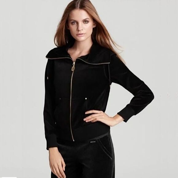 Michael Kors Black Velour Zip Up Sweatshirt Women’s Size M Medium Hoodie Jacket - Picture 1 of 8